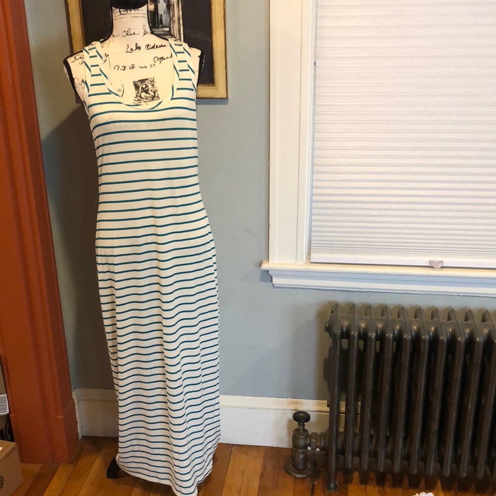 Stella Cruz White & Teal-Striped Maxi Dress (M)